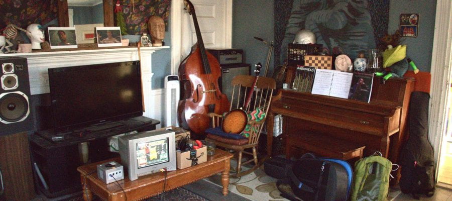 interior with musical instruments and travel cases